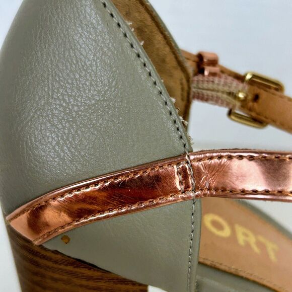 Report Meg T Strap Heels Woven Gray & Metallic Rose Gold Open Toe Block Heel 8 - Picture 9 of 11